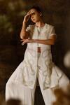 Eclat By Prerika Jalan_Ivory Organza, Satin, Crepe, Muslin Cut Work, Embroidery Jacket Pant Set _at_Aza_Fashions