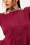 Zariya the Label_Red Cotton Checkered Mandarin Collar Placed Pattern Tunic _at_Aza_Fashions
