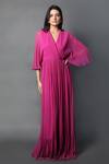 Buy_Swatee Singh_Magenta Georgette V-neck Pleated Hem Kaftan Sleeve Gown _at_Aza_Fashions