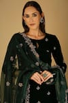 Monk & Mei_Green Velvet Embroidery Zari Keyhole Ruhani Kurta Set _at_Aza_Fashions