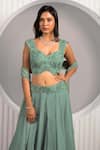 Jade By Ashima_Green Georgette Embroidery Floral Sweetheart Ruffle Draped Skirt Blouse Set _at_Aza_Fashions