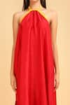 LABEL IVISH_Red Pure Silk Charmeuse Satin Plain Halter Neck Gathered Dress  _at_Aza_Fashions