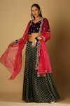 Monk & Mei_Green Velvet Woven Floral V Neck Roza Lehenga Set _at_Aza_Fashions