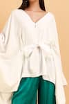 Label Ivish_White Silk Satin V-neck Kimono Jacket And Green Trouser Set _at_Aza_Fashions