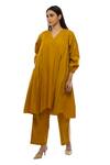 Khat Yellow Poplin V-neck Pleated Cotton Dress Pant Co-ord Set Online at Aza Fashions Khat_Yellow Poplin V-neck Pleated Cotton Dress Pant Co-ord Set _Online_at_Aza_Fashions