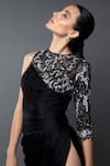 Anjum Qureshi_Black Satin Georgette Embroidery Sequin Round Asymmetric Dress_at_Aza_Fashions
