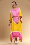 Etasha by Asha Jain_Pink Gajji Silk Bandhani Round Asymmetric Pattern Kaftan _at_Aza_Fashions