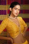 Deep Thee_Yellow Chanderi Manjal Hand V Neck Haldi Lehenga Set _at_Aza_Fashions