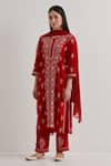 Priya Chaudhary_Red Cotton Embroidered Chikankari Notched Neck Kurta Set _at_Aza_Fashions