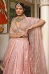 Neha Khullar_Pink Net Woven Geometric Patterns V Neck Flared Bridal Lehenga Set _at_Aza_Fashions