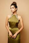 Ahi Clothing_Green Satin Sequin And Beads, Zardozi Halter Neck Dress _at_Aza_Fashions