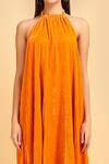 Label Ivish_Orange Silk Velvet Halter Neck Asymmetric Dress_at_Aza_Fashions