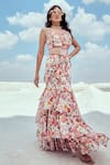 Nikita Vishakha_Pink Georgette Printed Floral Sweetheart Neck Pre-draped Saree With Blouse _at_Aza_Fashions