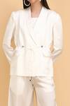 Label Ivish_Off White Silk Round Neck Tie-up Blazer Trouser Set _at_Aza_Fashions