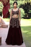 Tarini Vij_Maroon Blouse And Lehenga Velvet, Dupatta Georgette Zari Hand Embroidered Set _at_Aza_Fashions