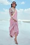 Nikita Vishakha_Purple Crepe Embroidered Floral V Neck Cowl Skirt Saree With Blouse _at_Aza_Fashions