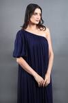 Swatee Singh_Blue Georgette Solid One Shoulder Pleated Hem Gown _at_Aza_Fashions