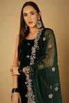 Monk & Mei_Emerald Green Kurta: Velvet Embroidered Floral Cyra Sharara Set For Women_at_Aza_Fashions