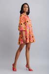 Nautanky_Peach 100% Cotton Printed Sunflower Shirt Collar Dress _Online_at_Aza_Fashions