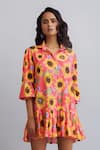 Shop_Nautanky_Peach 100% Cotton Printed Sunflower Shirt Collar Dress _Online_at_Aza_Fashions