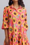 Nautanky_Peach 100% Cotton Printed Sunflower Shirt Collar Dress _at_Aza_Fashions