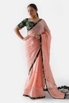 Buy_Suruchi Parakh_Peach Georgette Crepe Embroidered Floral V Neck Saree With Blouse _at_Aza_Fashions