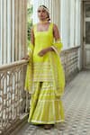 Shop_Gopi Vaid_Yellow Kurta And Sharara Tussar Silk Embellished Geometric Square Ritoo Set _at_Aza_Fashions