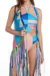 Kai Resortwear_Blue Georgette Geometric Halter Neck Pop Fringe Cape  _Online_at_Aza_Fashions