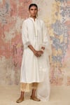 Devnaagri_White Woven Mandarin Collar Straight Kurta Set _Online_at_Aza_Fashions