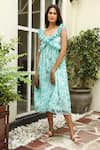 Aroop Shop India_Green Chiffon V-neck Paula Ruffle Fern Print Dress _Online_at_Aza_Fashions