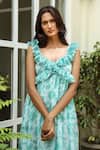 Buy_Aroop Shop India_Green Chiffon V-neck Paula Ruffle Fern Print Dress _Online_at_Aza_Fashions