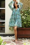 Aroop Shop India_Blue Chiffon V-neck Kacy Harbour Floral Print Dress _Online_at_Aza_Fashions