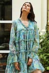 Buy_Aroop Shop India_Blue Chiffon V-neck Kacy Harbour Floral Print Dress _Online_at_Aza_Fashions