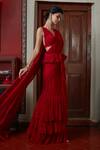 Arpita Mehta_Red Georgette V Neck Solid Ruffle Saree With Blouse _Online_at_Aza_Fashions