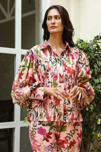 Aroop Shop India_Pink Tencel Embroidery Shawl Neck Scarlette Petunia Print Pant Set _Online_at_Aza_Fashions