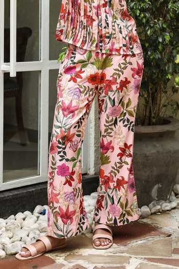Buy_Aroop Shop India_Pink Tencel Embroidery Shawl Neck Scarlette Petunia Print Pant Set _Online_at_Aza_Fashions