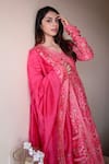 Shrutkirti_Pink Chanderi Printed Floral V Neck Wrap Anarkali Set _Online_at_Aza_Fashions