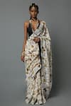 House of Three_White Cotton Silk Chanderi Dravidian Jewel Printed Saree_Online_at_Aza_Fashions