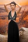 Amrta By Guneet Kondal_Black Viscose Beads, Sequins Plunge Neck Floral Embroidered Jumpsuit _Online_at_Aza_Fashions