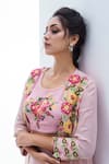 Buy_suruchi parakh_Pink Satin Silk Printed Floral Motif Crew Neck Embroidered Pant Set With Jacket_Online_at_Aza_Fashions