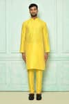 Buy_Arihant Rai Sinha_Yellow Kurta Silk And Pyjama Cotton Band Collar & Set _Online_at_Aza_Fashions