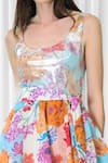 Mandira Wirk_Multi Color Organza, Polyester Sequins Round Neck Layered Hibiscus Print Dress _Online_at_Aza_Fashions