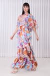 Shop_Mandira Wirk_Multi Color Organza, Polyester Sequins Round Neck Layered Hibiscus Print Dress _Online_at_Aza_Fashions