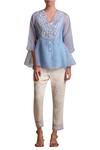 Buy_Sue Mue_Blue Organza Resham Thread V Neck Embroidered Short Tunic _at_Aza_Fashions