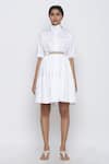 Escape By Aishwarya_White Cotton Satin High Stand Collar Gathered Dress With Belt _Online_at_Aza_Fashions