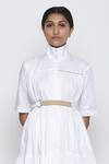 Shop_Escape By Aishwarya_White Cotton Satin High Stand Collar Gathered Dress With Belt _Online_at_Aza_Fashions