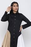 Escape By Aishwarya Black Cotton Satin Shawl Neck Colorblock Draped Shirt Dress at Aza Fashions Escape By Aishwarya_Black Cotton Satin Shawl Neck Colorblock Draped Shirt Dress _at_Aza_Fashions