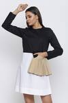 Shop_Escape By Aishwarya_Black Cotton Satin Round Neck Pleated Patch Colorblock Dress _Online_at_Aza_Fashions