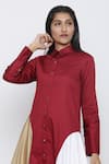 Shop_Escape By Aishwarya_Maroon Cotton Satin Shawl Neck, Collared Draped Shirt Dress _Online_at_Aza_Fashions