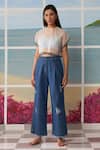 Buy_Ikai By Ragini Ahuja_Blue Cotton Silk, Thin Chanderi Bralette V Neck Crop Top Round Kaftan With _Online_at_Aza_Fashions